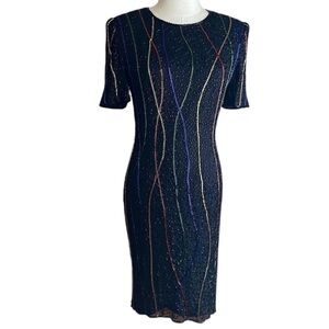 Vintage 80s 100% Silk Hand Beaded Cocktail Dress Short Sleeve Rainbow